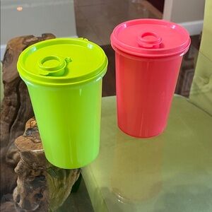 (2) Tupperware Bright Green and Pink Tumbler Set